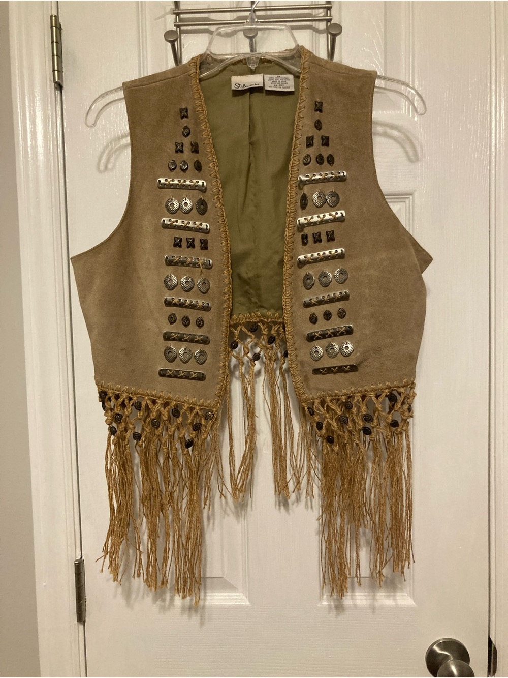 Vintage Tan Suede Fringe Styleworks Vest with Metal Embellishments